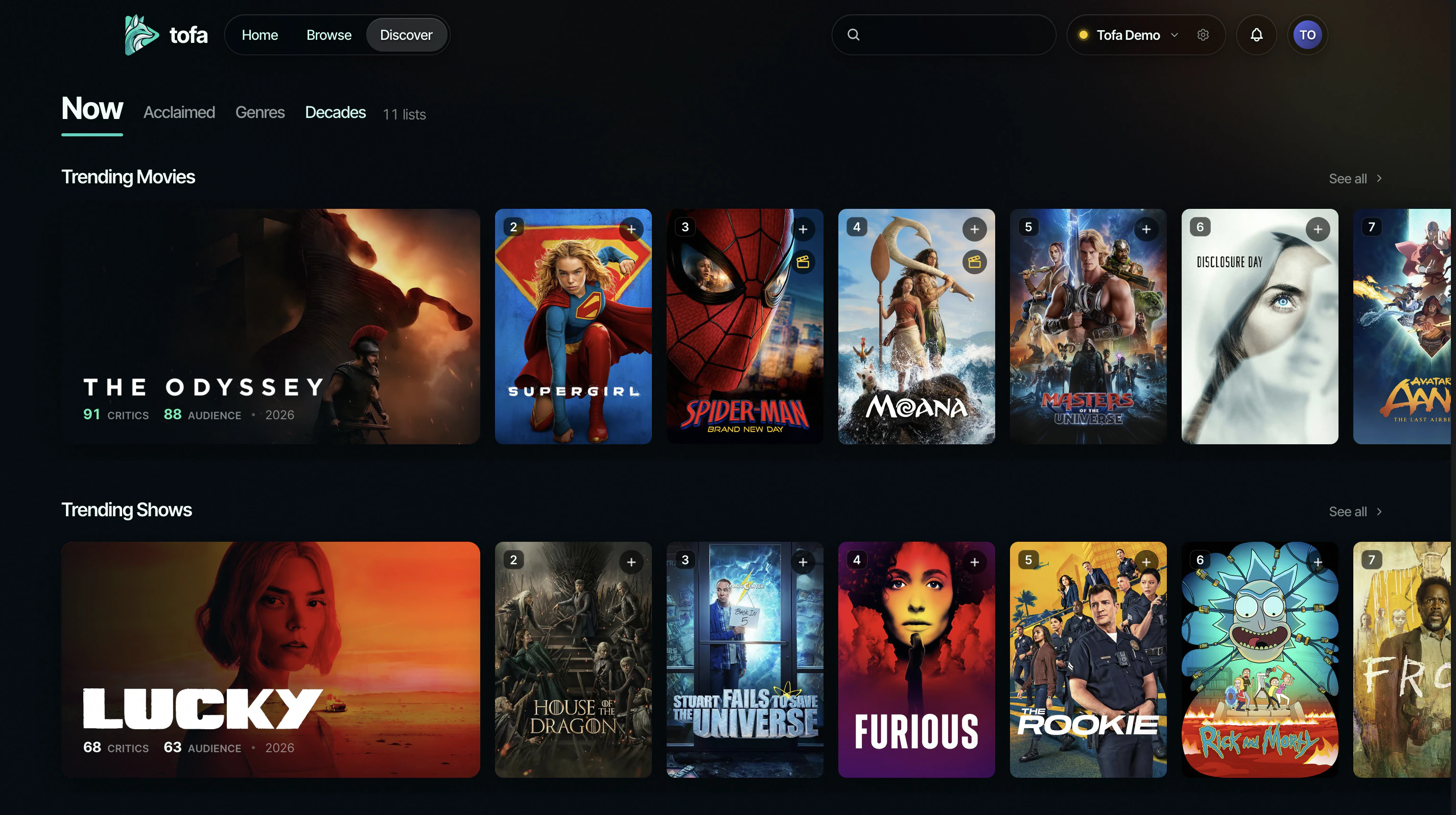 The tofa Discover page showing the Trending Movies and Trending Shows lists
