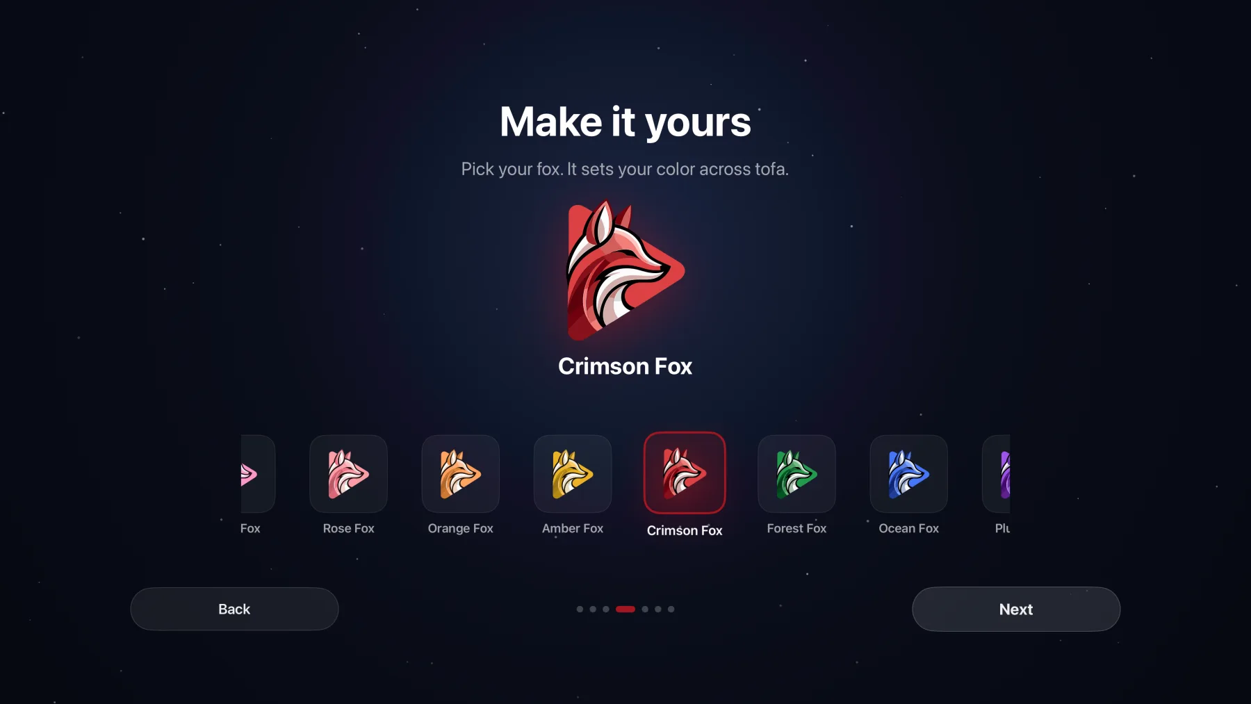 The tofa fox selector on Apple TV, with Sky Fox chosen and a row of colored fox options