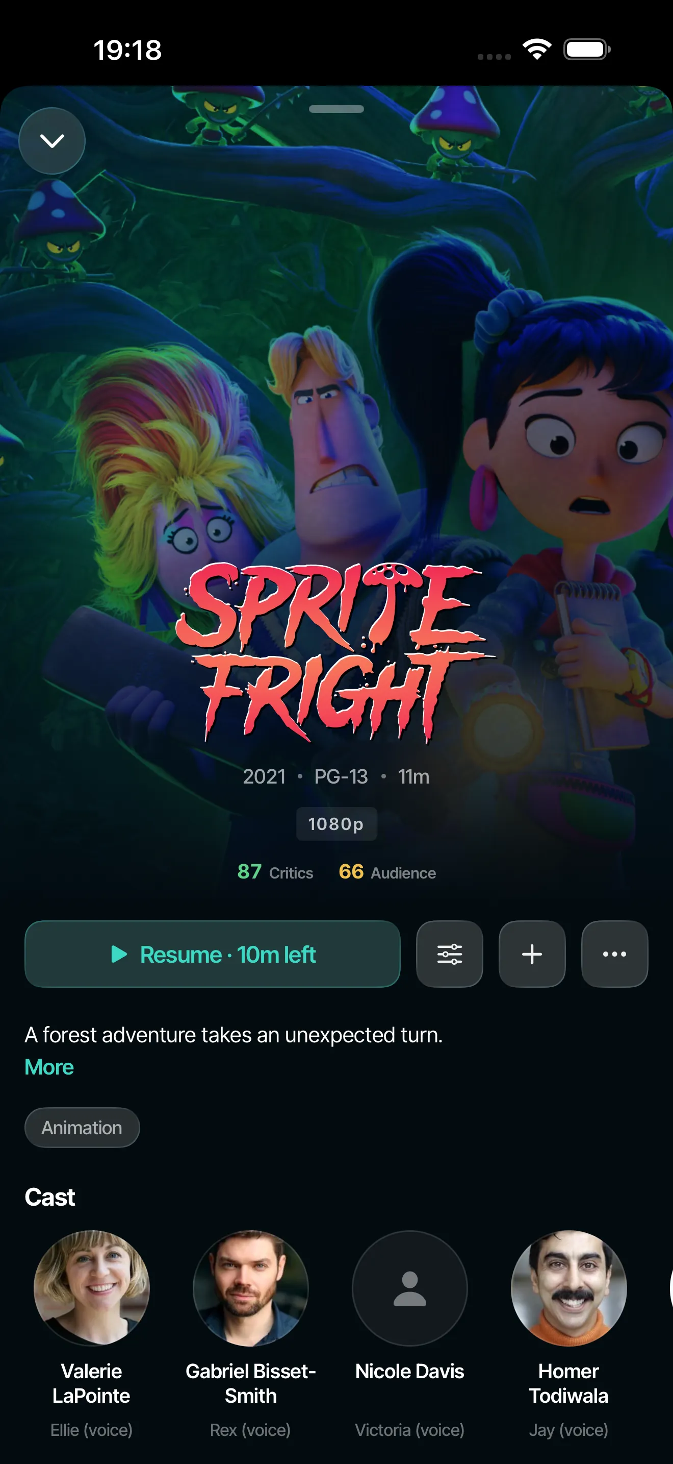 Sprite Fright details and resume controls in Tofa on iPhone