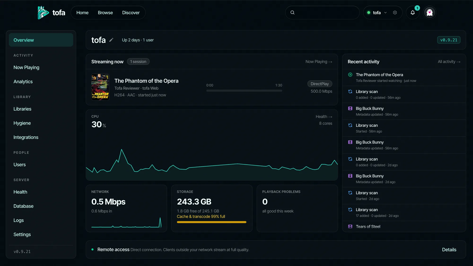 The tofa server overview dashboard, showing what's streaming now, live CPU, storage, playback health, and recent activity